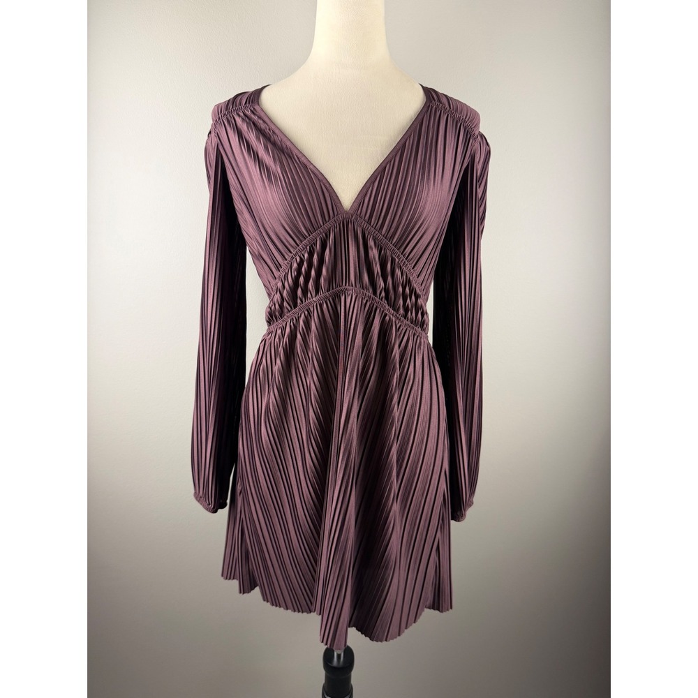 Zara Dress Pleated Mini Small Purple Long Sleeve V-Neck Boho Chic